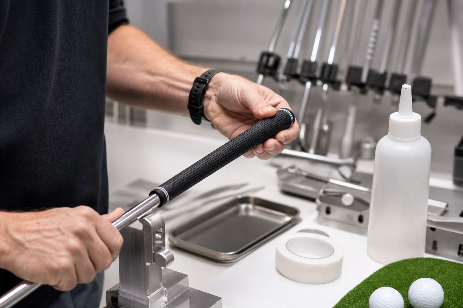 Installing a fresh golf grip in the ClubRepair workshop
